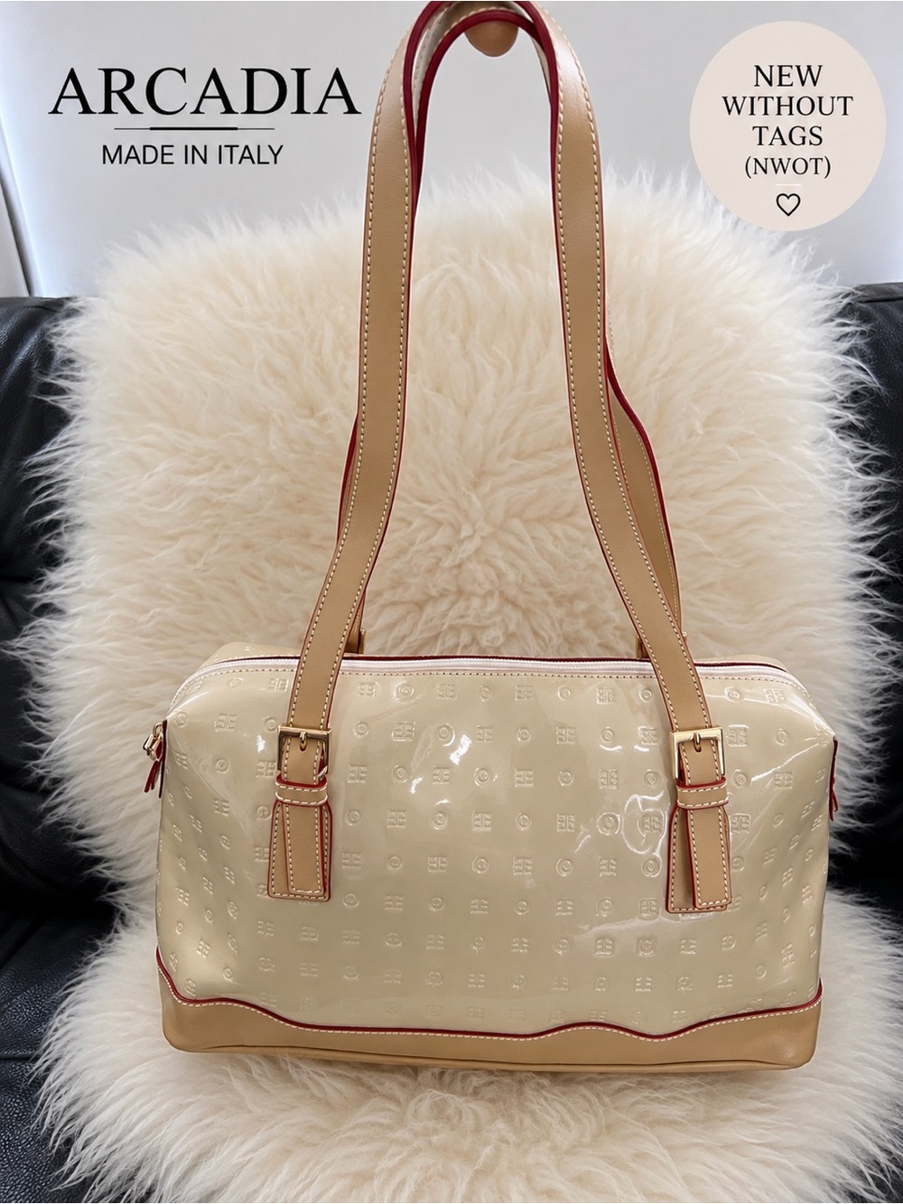 Arcadia Patent Leather Shoulder Bag Made in Italy Cream Tan NWOT